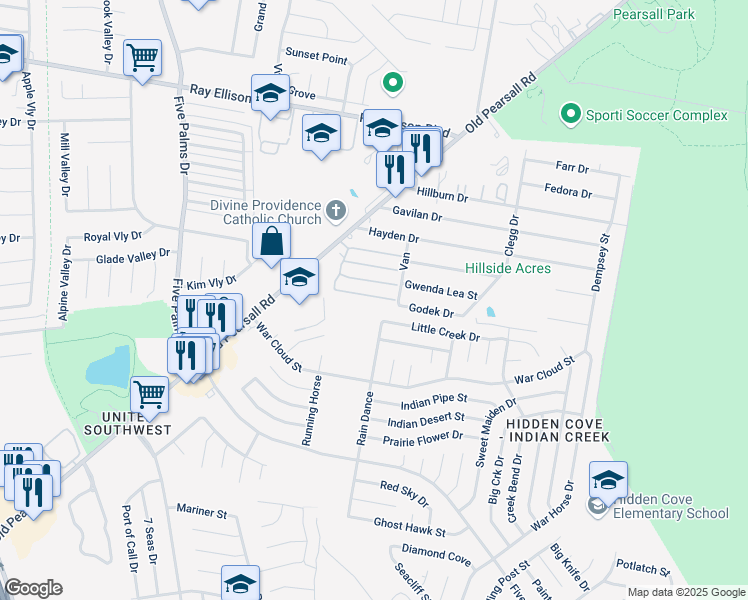 map of restaurants, bars, coffee shops, grocery stores, and more near 5514 Godek Drive in San Antonio
