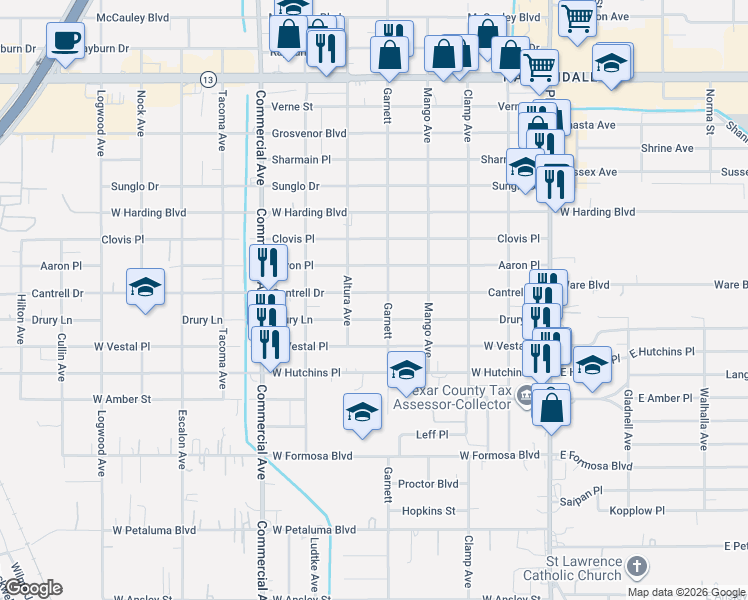 map of restaurants, bars, coffee shops, grocery stores, and more near 503 Cantrell Drive in San Antonio