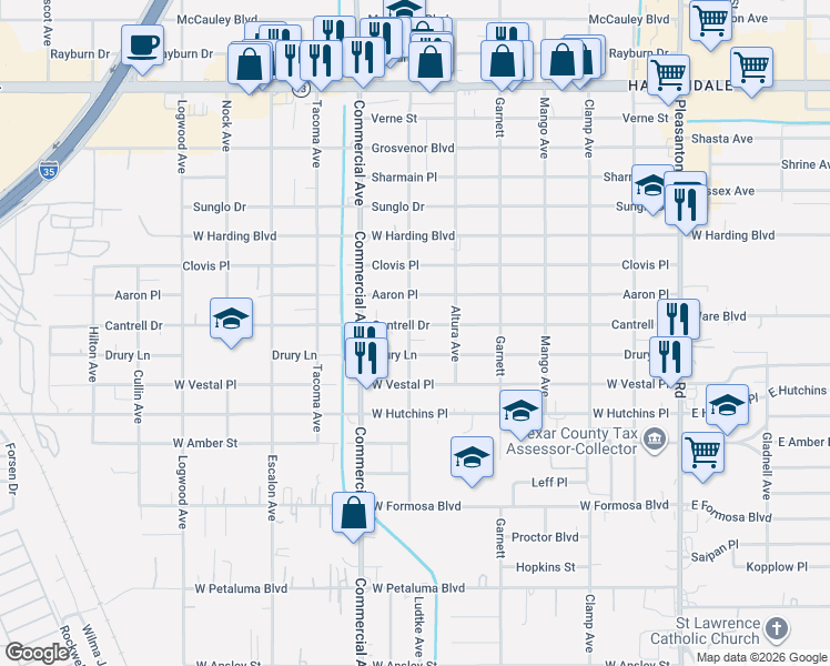 map of restaurants, bars, coffee shops, grocery stores, and more near 635 Cantrell Drive in San Antonio