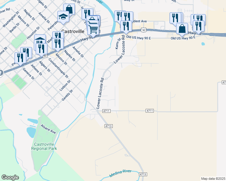 map of restaurants, bars, coffee shops, grocery stores, and more near 283 Strasbourg Street in Castroville