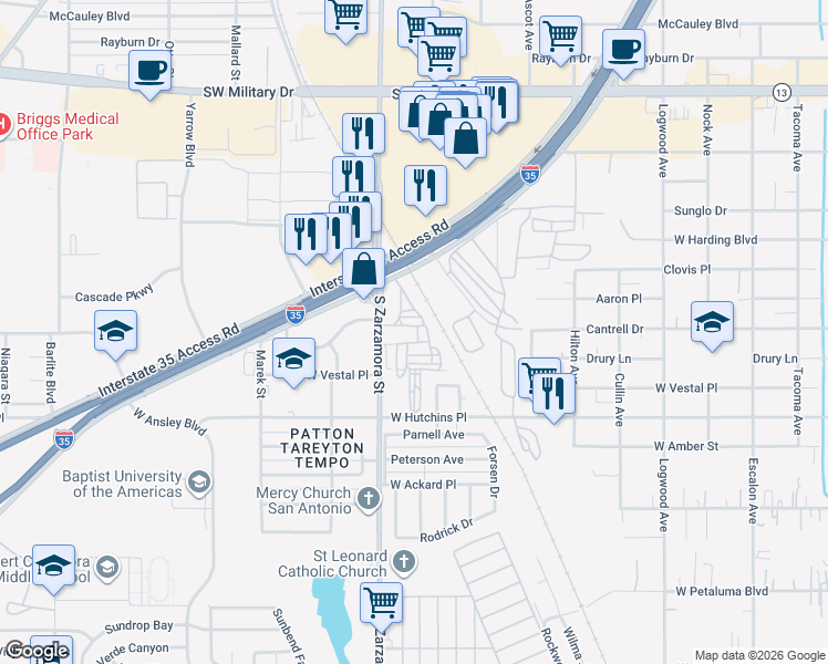 map of restaurants, bars, coffee shops, grocery stores, and more near in San Antonio