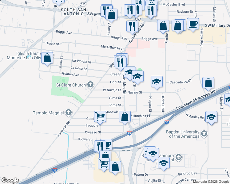 map of restaurants, bars, coffee shops, grocery stores, and more near 2915 Navajo Street in San Antonio