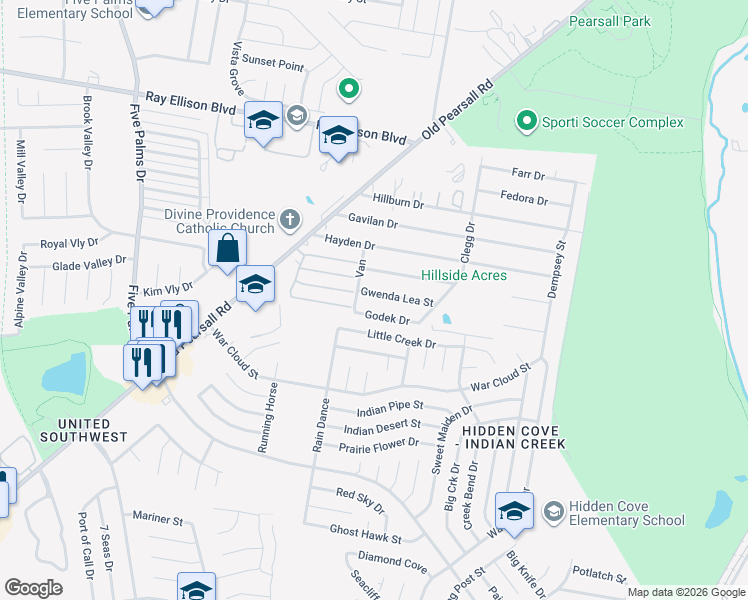 map of restaurants, bars, coffee shops, grocery stores, and more near 5431 Gwenda Lea Street in San Antonio