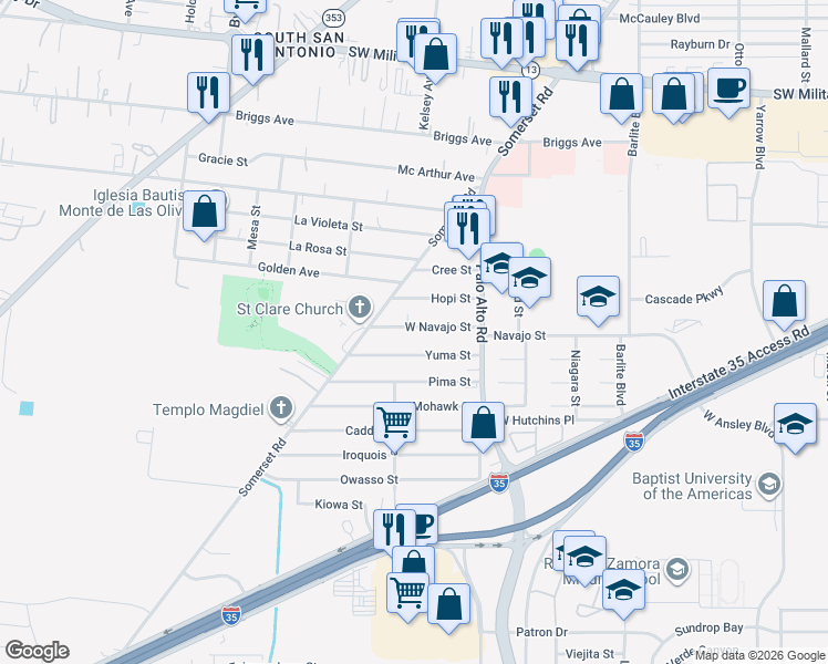 map of restaurants, bars, coffee shops, grocery stores, and more near 2951 Navajo Street in San Antonio