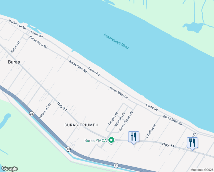 map of restaurants, bars, coffee shops, grocery stores, and more near Buras River Road in Buras