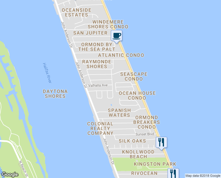map of restaurants, bars, coffee shops, grocery stores, and more near 1 Buckingham Drive in Ormond Beach