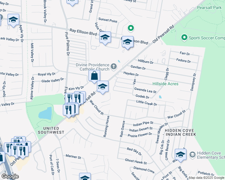 map of restaurants, bars, coffee shops, grocery stores, and more near 5514 Godek Drive in San Antonio