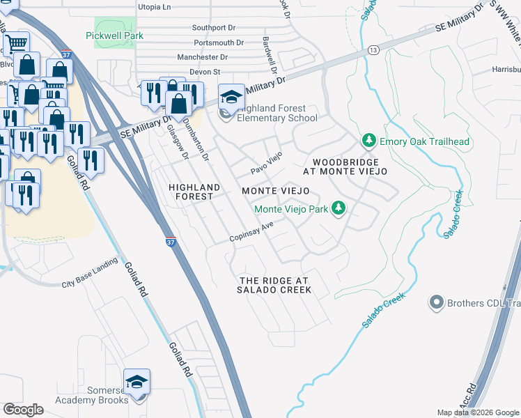 map of restaurants, bars, coffee shops, grocery stores, and more near 3811 Mas Frio in San Antonio
