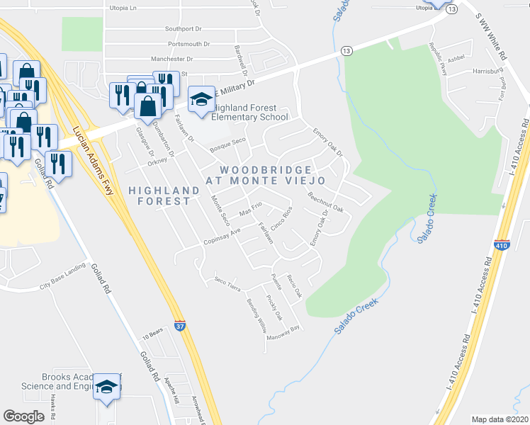 map of restaurants, bars, coffee shops, grocery stores, and more near 3915 Invierno in San Antonio