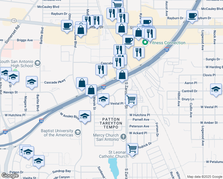 map of restaurants, bars, coffee shops, grocery stores, and more near 7808-7878 Interstate 35 Access Rd in San Antonio