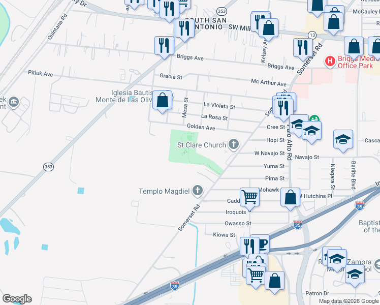 map of restaurants, bars, coffee shops, grocery stores, and more near 7903 Somerset Rd in San Antonio