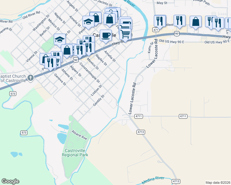 map of restaurants, bars, coffee shops, grocery stores, and more near 904 Gentilz Street in Castroville
