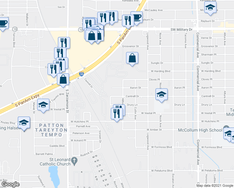 map of restaurants, bars, coffee shops, grocery stores, and more near 1419 Cantrell Drive in San Antonio