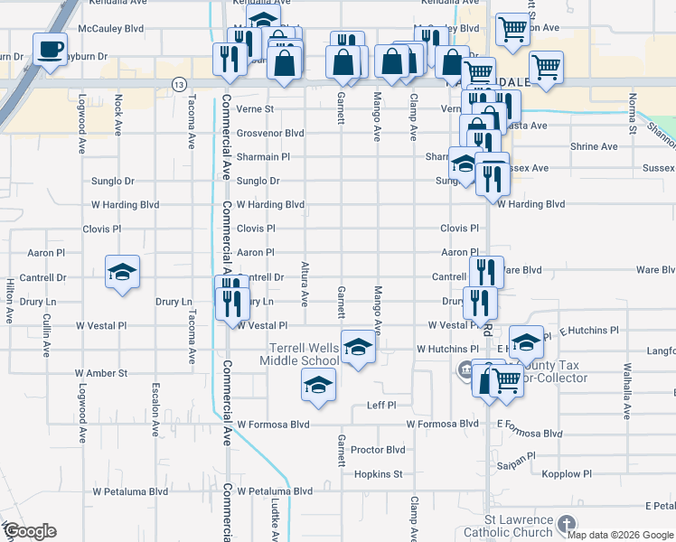 map of restaurants, bars, coffee shops, grocery stores, and more near 503 Cantrell Drive in San Antonio