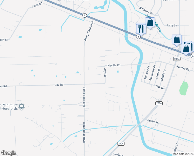 map of restaurants, bars, coffee shops, grocery stores, and more near 6714 Jay Road in Hitchcock