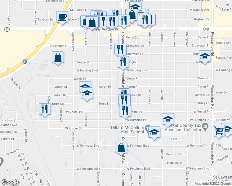 map of restaurants, bars, coffee shops, grocery stores, and more near 819 Cantrell Drive in San Antonio
