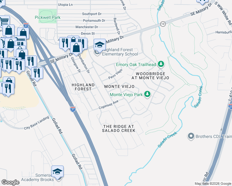 map of restaurants, bars, coffee shops, grocery stores, and more near 3835 Mas Frio in San Antonio