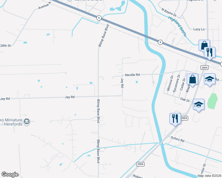 map of restaurants, bars, coffee shops, grocery stores, and more near 6714 Jay Rd in Hitchcock