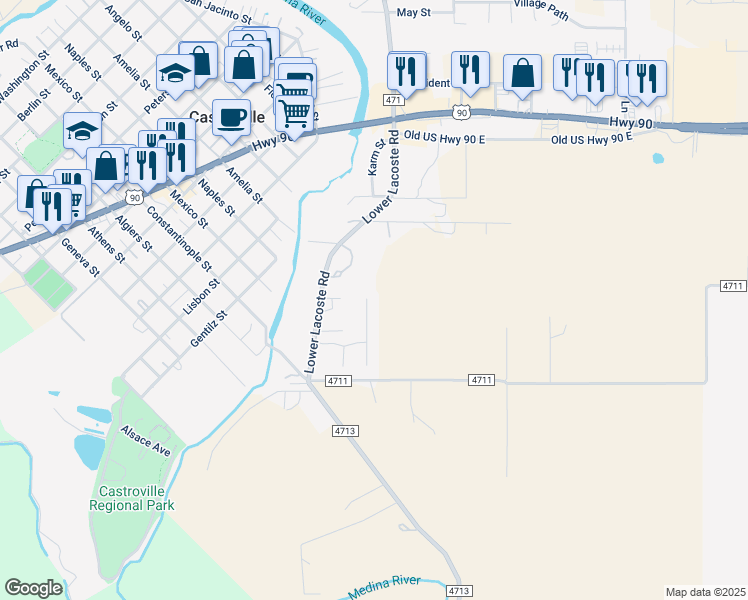 map of restaurants, bars, coffee shops, grocery stores, and more near 283 Strasbourg Street in Castroville