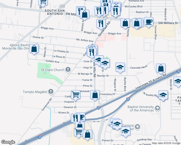 map of restaurants, bars, coffee shops, grocery stores, and more near 2915 Navajo Street in San Antonio