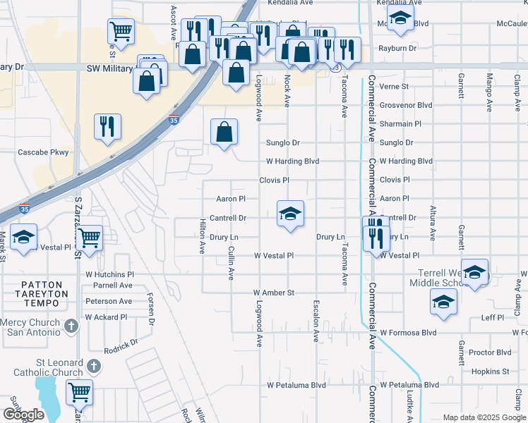 map of restaurants, bars, coffee shops, grocery stores, and more near 722 Logwood Avenue in San Antonio