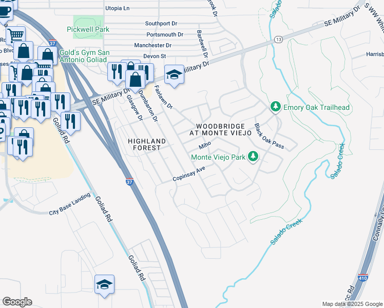 map of restaurants, bars, coffee shops, grocery stores, and more near 3806 Miho in San Antonio