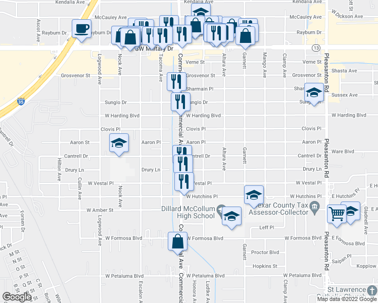 map of restaurants, bars, coffee shops, grocery stores, and more near 727 Cantrell Drive in San Antonio