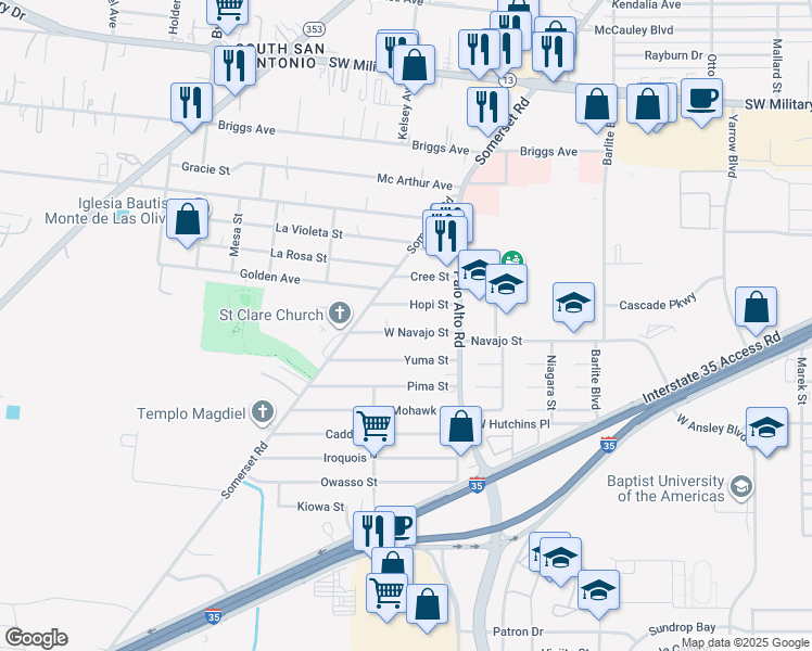 map of restaurants, bars, coffee shops, grocery stores, and more near 2951 Navajo Street in San Antonio