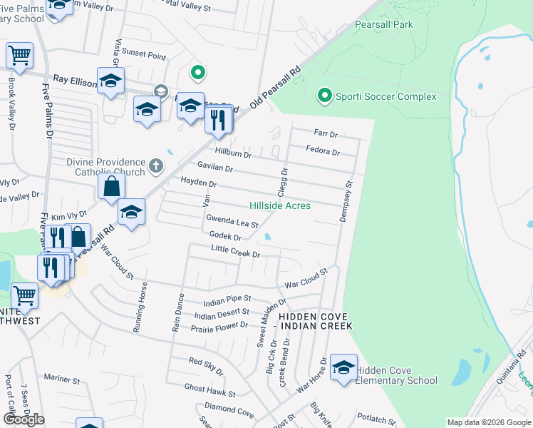map of restaurants, bars, coffee shops, grocery stores, and more near 5306 Sherry Drive in San Antonio