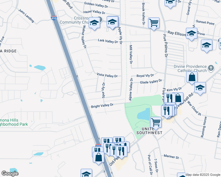 map of restaurants, bars, coffee shops, grocery stores, and more near 6127 Frio Valley Drive in San Antonio