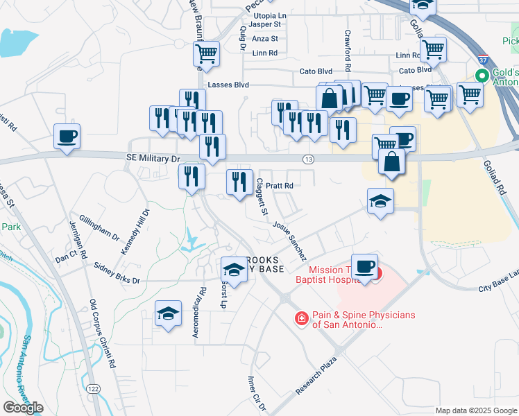 map of restaurants, bars, coffee shops, grocery stores, and more near 207 Claggett Street in San Antonio