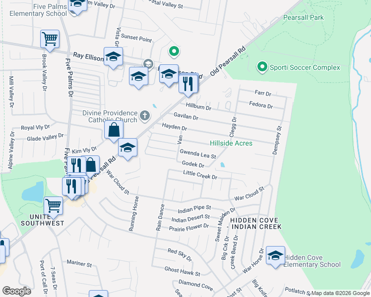 map of restaurants, bars, coffee shops, grocery stores, and more near 5431 Gwenda Lea Street in San Antonio
