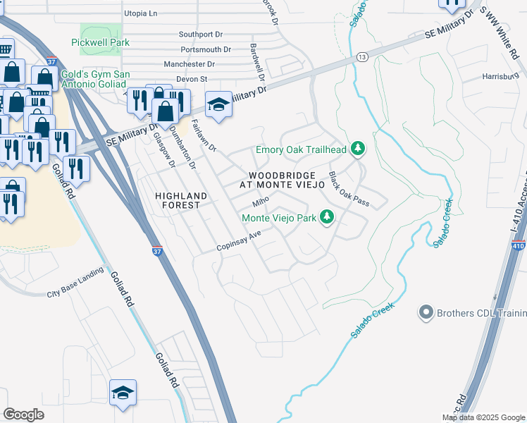 map of restaurants, bars, coffee shops, grocery stores, and more near 3835 Mas Frio in San Antonio