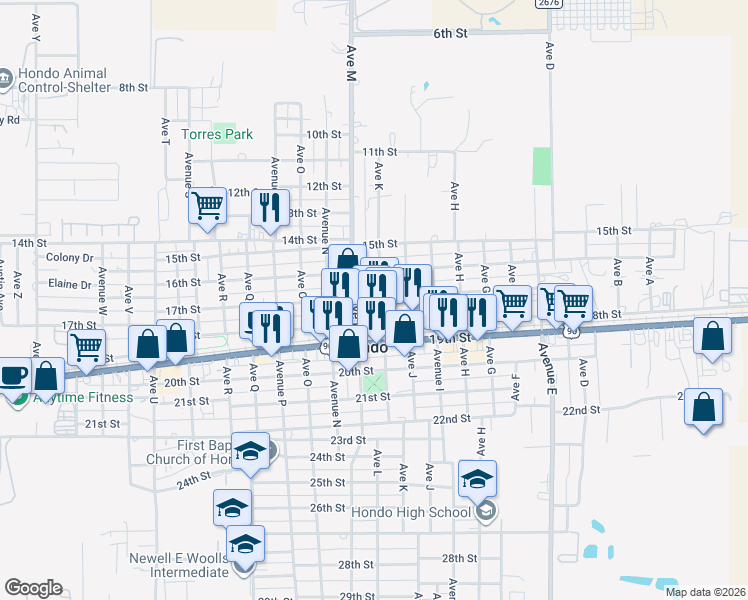 map of restaurants, bars, coffee shops, grocery stores, and more near 1105 17th St in Hondo