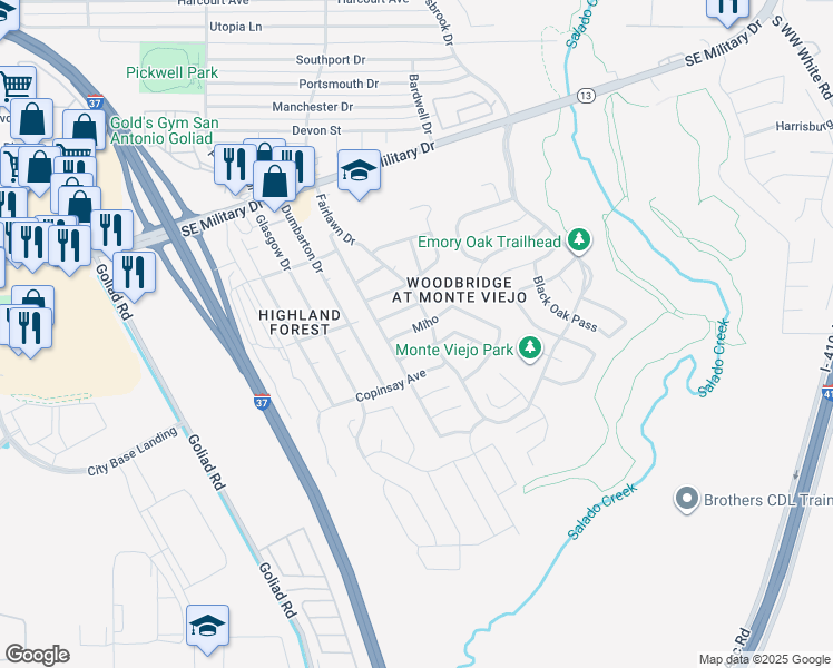 map of restaurants, bars, coffee shops, grocery stores, and more near 3835 Mas Frio in San Antonio