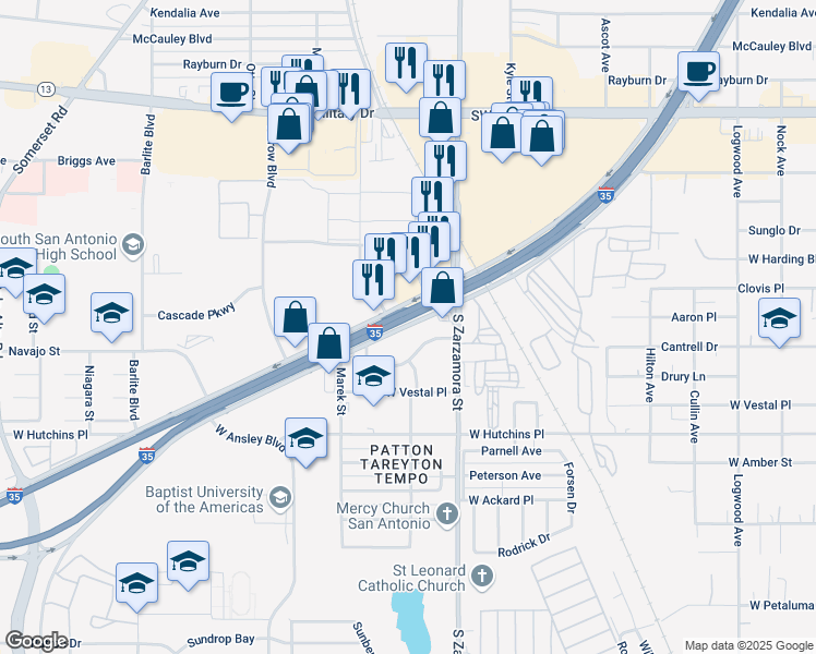 map of restaurants, bars, coffee shops, grocery stores, and more near 7878 Interstate 35 Access Road in San Antonio