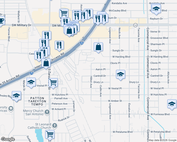map of restaurants, bars, coffee shops, grocery stores, and more near 1419 Cantrell Drive in San Antonio