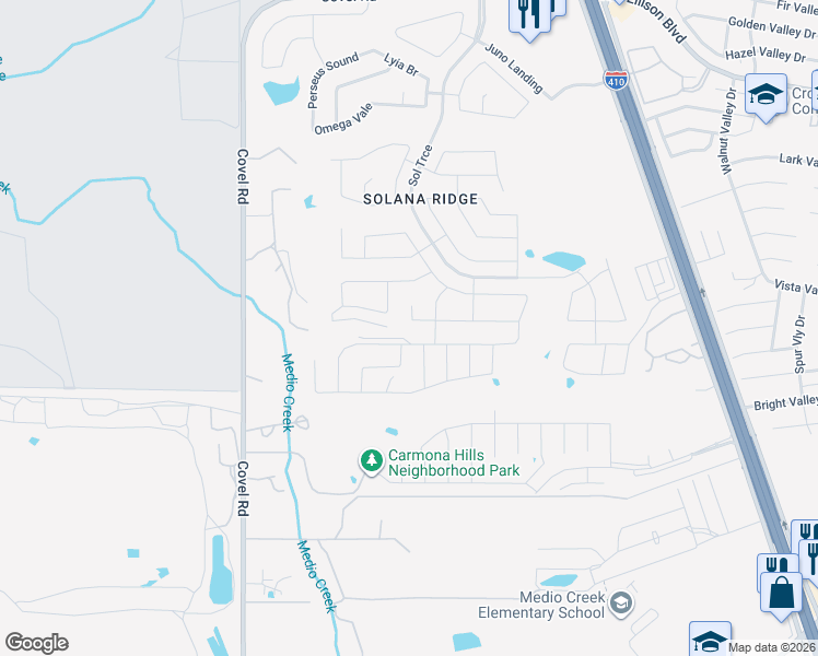 map of restaurants, bars, coffee shops, grocery stores, and more near 7246 Galaxy Brook in San Antonio