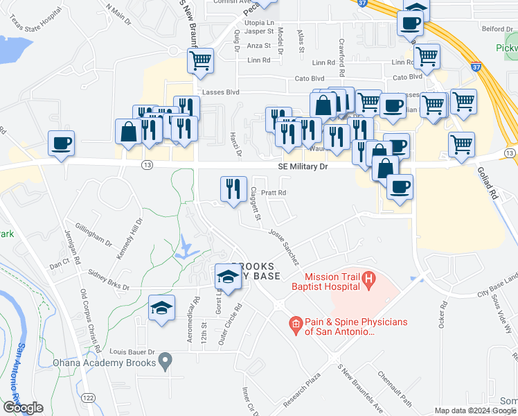 map of restaurants, bars, coffee shops, grocery stores, and more near 207 Claggett Street in San Antonio