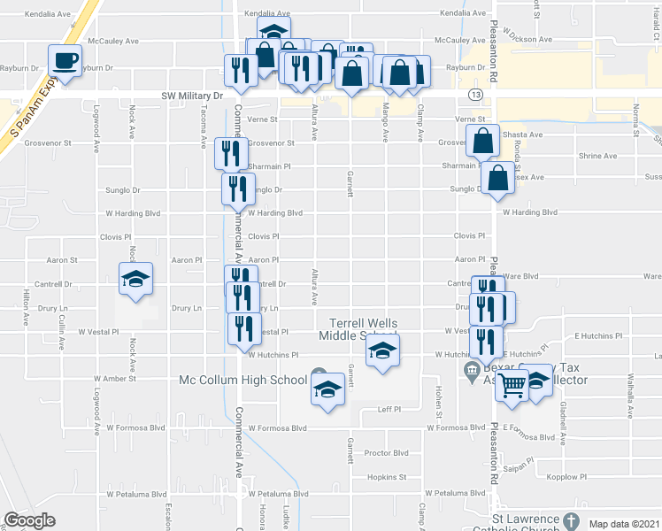 map of restaurants, bars, coffee shops, grocery stores, and more near 539 Cantrell Drive in San Antonio