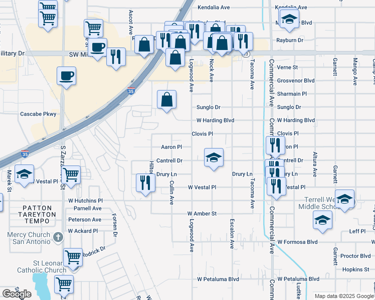map of restaurants, bars, coffee shops, grocery stores, and more near 722 Logwood Avenue in San Antonio