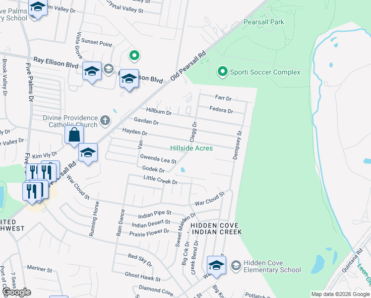 map of restaurants, bars, coffee shops, grocery stores, and more near 5306 Sherry Drive in San Antonio