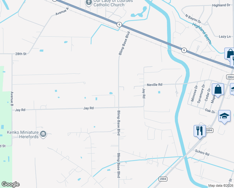 map of restaurants, bars, coffee shops, grocery stores, and more near 6714 Blimp Base Boulevard in Hitchcock