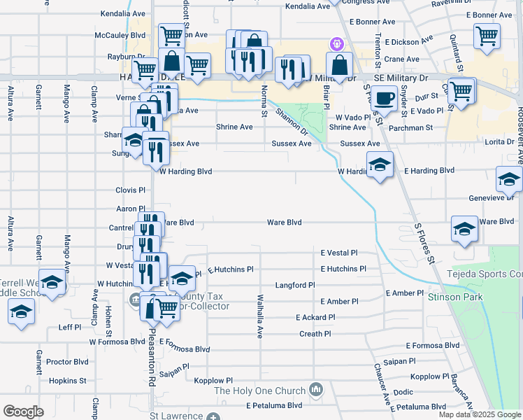 map of restaurants, bars, coffee shops, grocery stores, and more near 337 Ware Boulevard in San Antonio