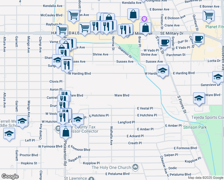 map of restaurants, bars, coffee shops, grocery stores, and more near 337 Ware Boulevard in San Antonio