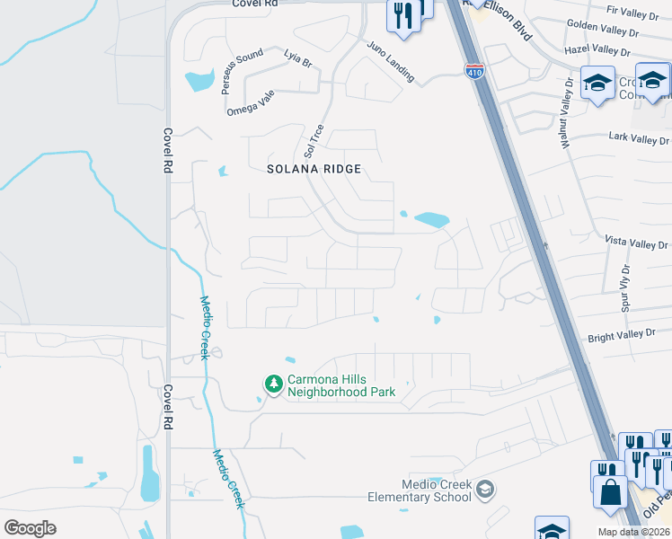 map of restaurants, bars, coffee shops, grocery stores, and more near Galaxy Brook in San Antonio