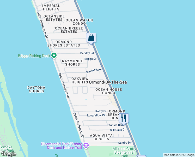 map of restaurants, bars, coffee shops, grocery stores, and more near 4 Ocean Breeze Circle in Ormond Beach