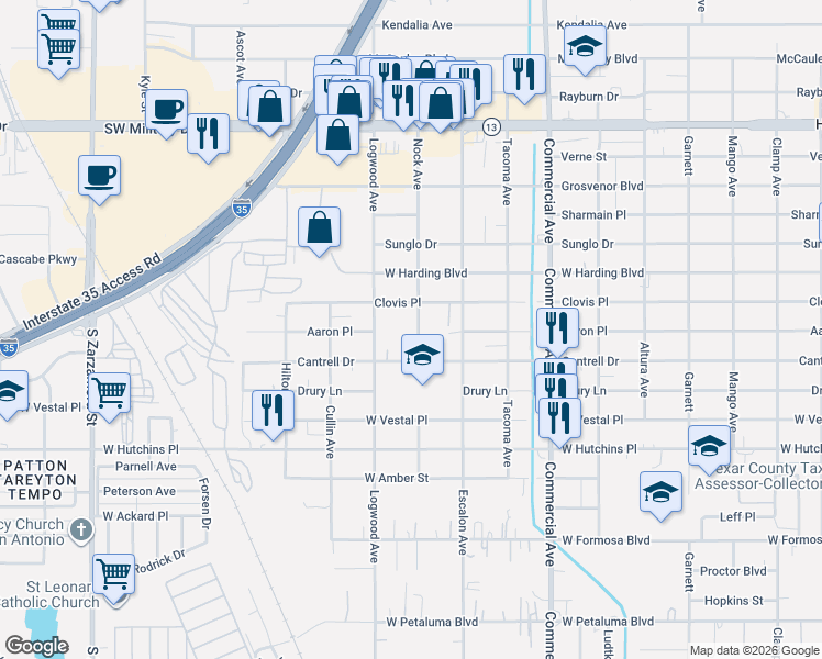 map of restaurants, bars, coffee shops, grocery stores, and more near 1103 Cantrell Drive in San Antonio