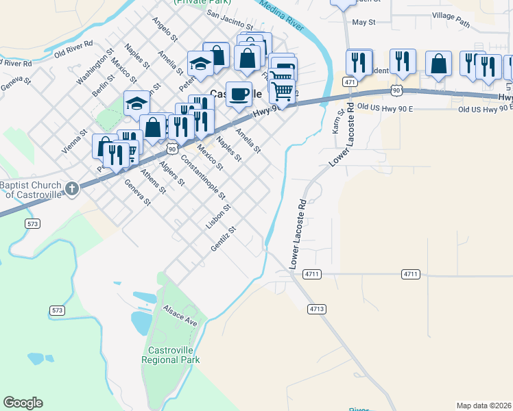 map of restaurants, bars, coffee shops, grocery stores, and more near 904 Gentilz Street in Castroville