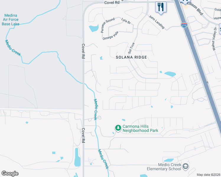 map of restaurants, bars, coffee shops, grocery stores, and more near 8019 Charon Creek in San Antonio